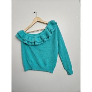 DO+BE Teal Fuzzy One Shoulder Ruffle Sweater Eyelash Knit Statement Top Medium